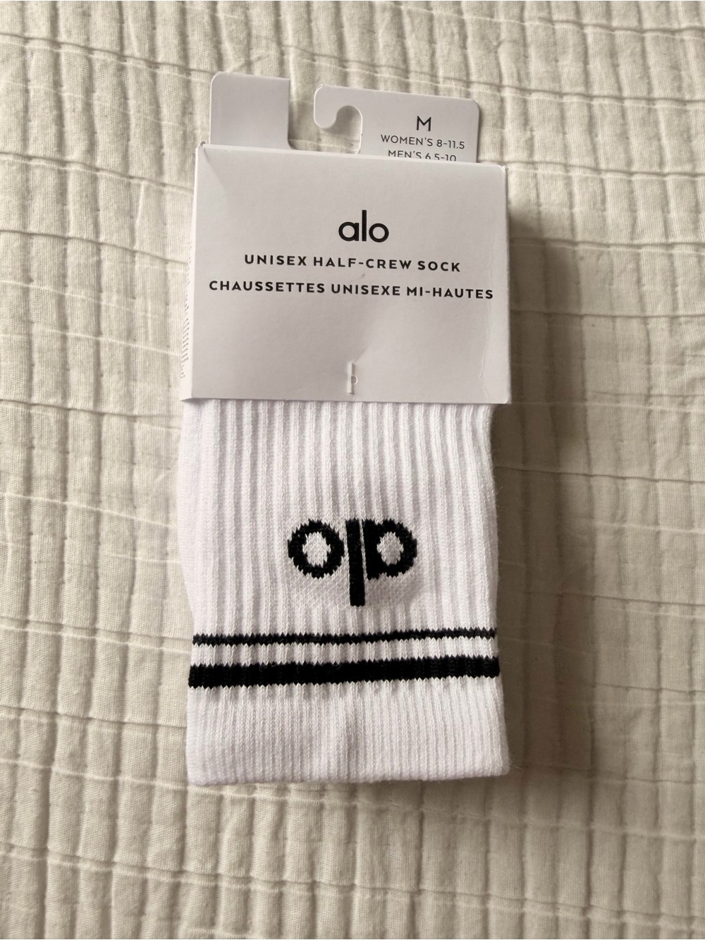 ALO Yoga White Half-Crew Athletic Socks with Black Logo